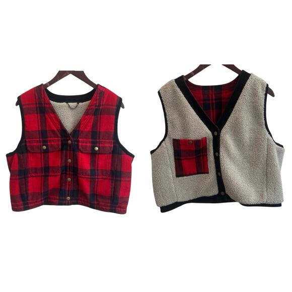 Banana Republic Reversible Wool Sherpa Plaid Vest Corduroy Trim Size M - Picture 1 of 8